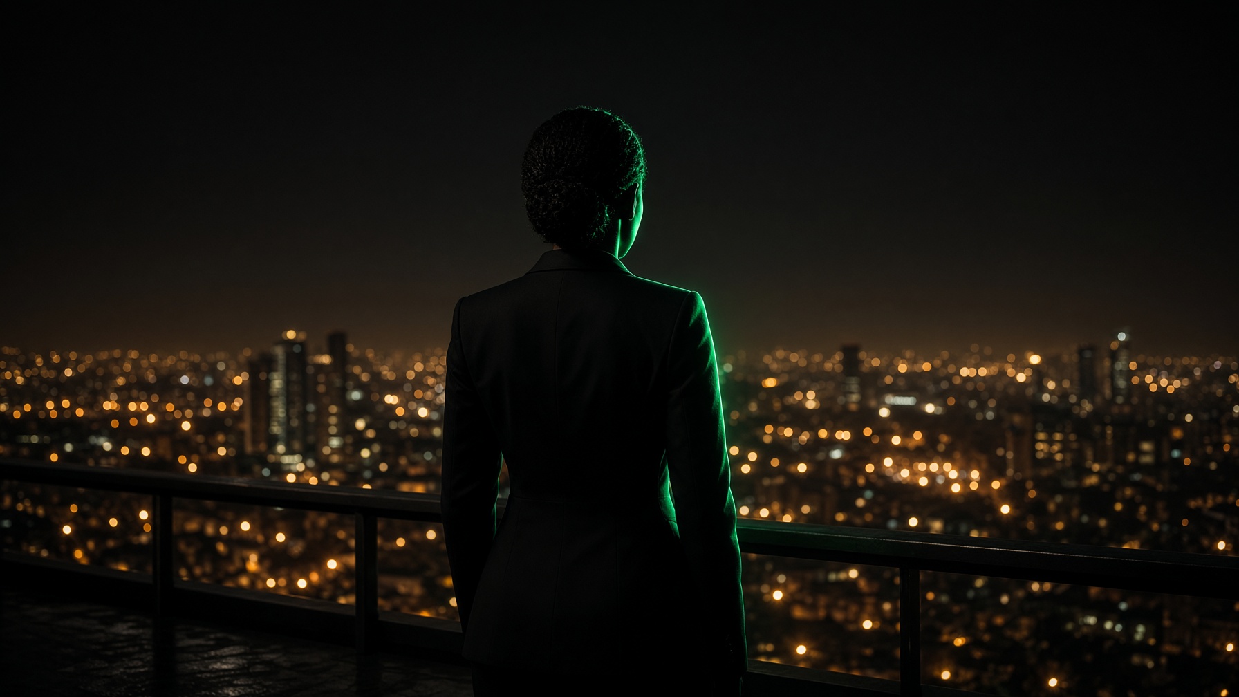 A woman on a Nairobi rooftop at night, looking out over the city