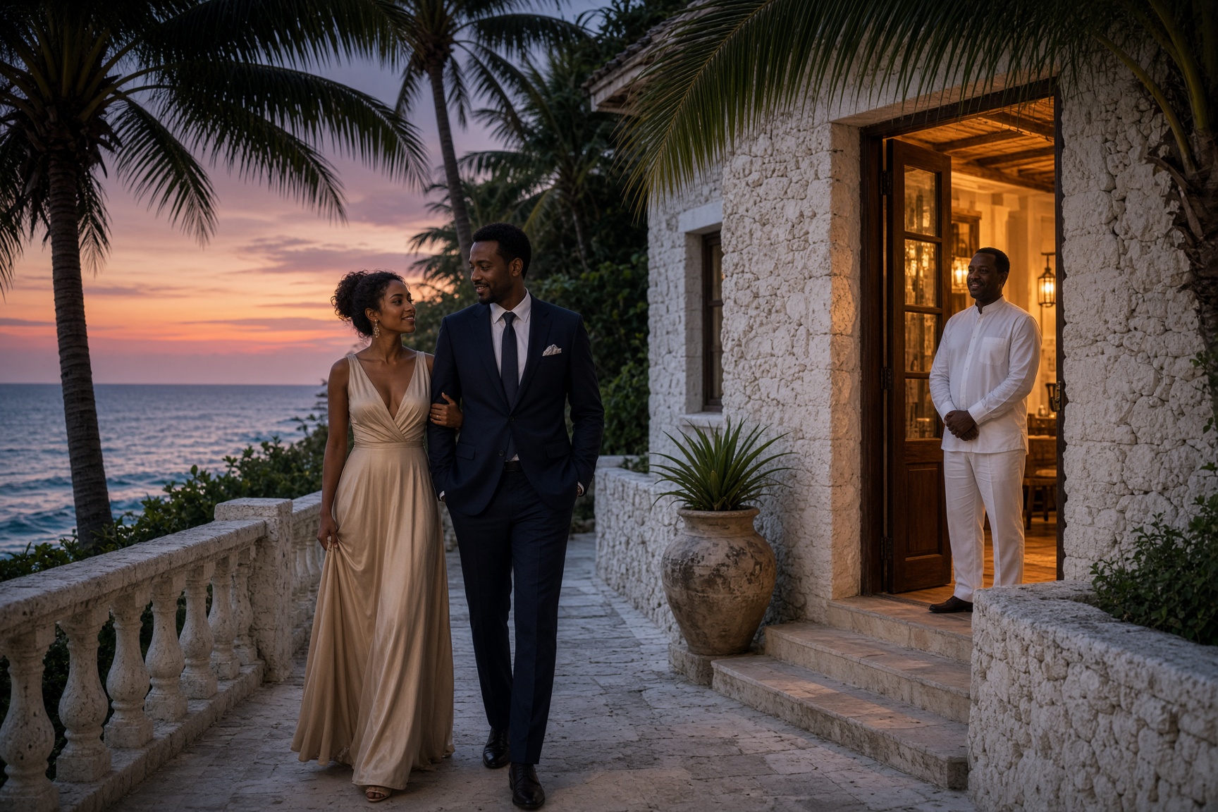 Guests arriving at a coastal villa at dusk