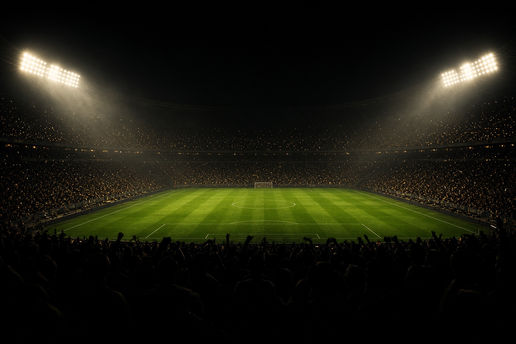 A stadium of people under floodlights